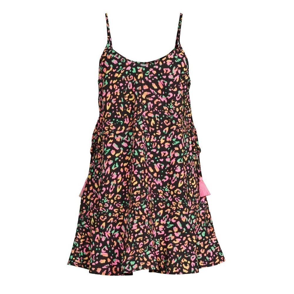 NOBO Juniors Lace Up Side Cover Up Neon Leopard Print Dress S (3-5)